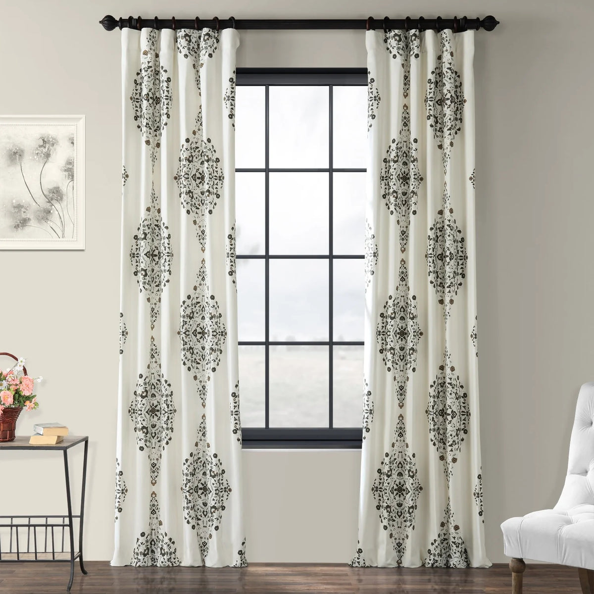 Medallion Damask Printed Cotton Room Darkening Curtain Panel, 1 Piece