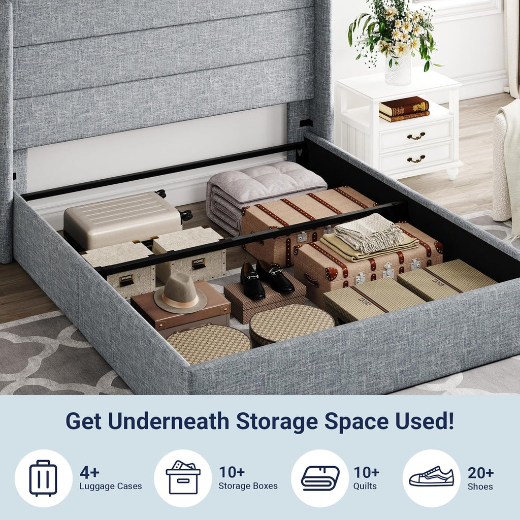 Queen Size Lift Up Storage Bed with Wingback Headboard, Upholstered Platform Bed Frame with Hidden Storage