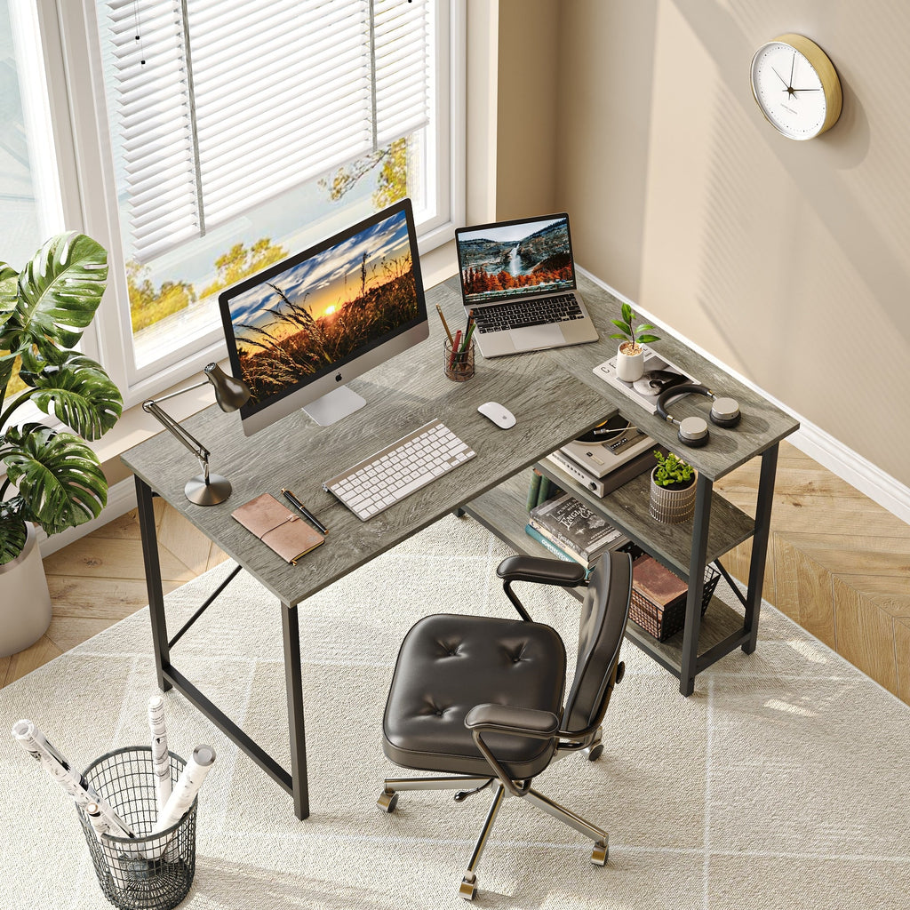 Small L Shaped Computer Desk with Storage Shelves, Compact Corner Workstation for Home Office and Study