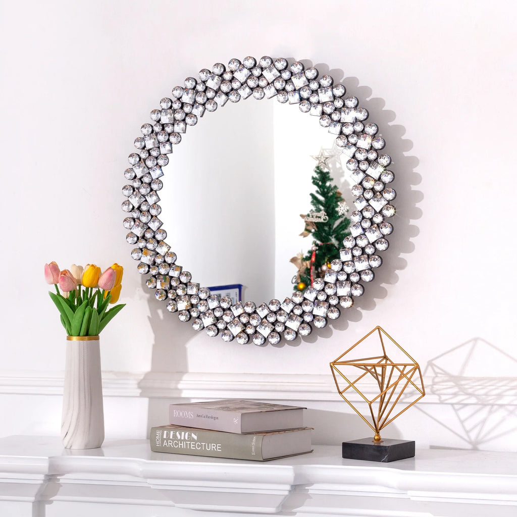 Modern Round Wall Mirror, Crystal Accent Decorative Mirror for Living Room, Bedroom and Entryway