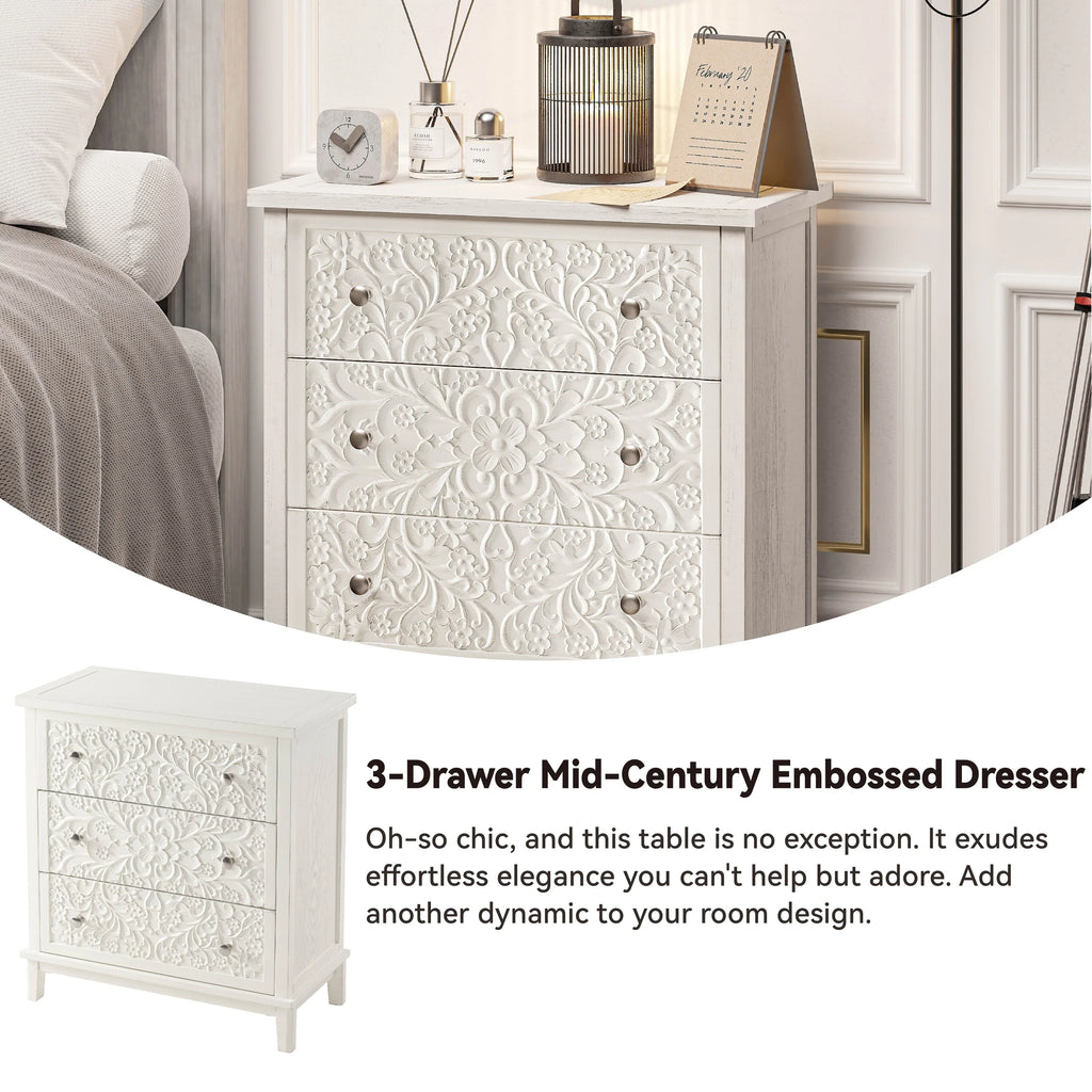 Farmhouse Fully Assembled Nightstand with 2 Drawers, Flower Motif End Table for Small Spaces
