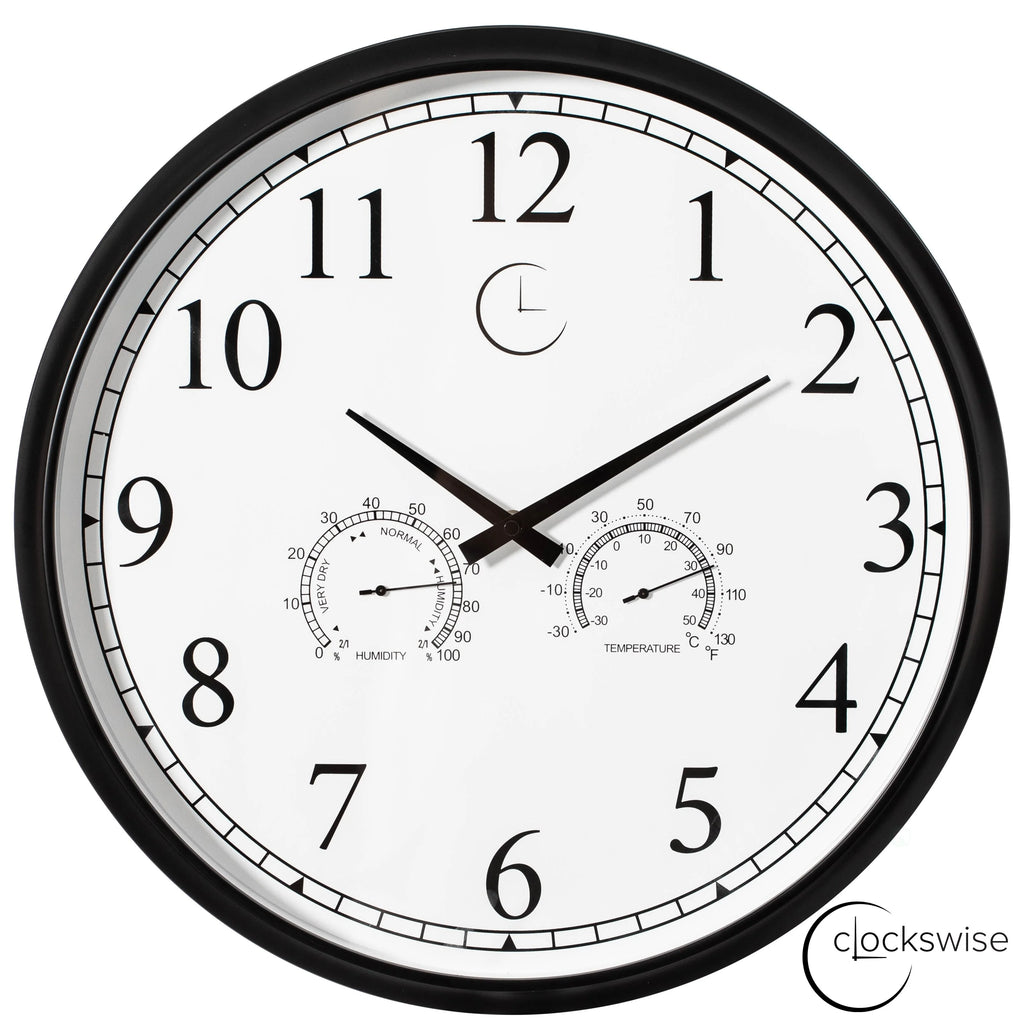 Large Outdoor Wall Clock with Thermometer, Waterproof Silent Garden Weather Station, Black
