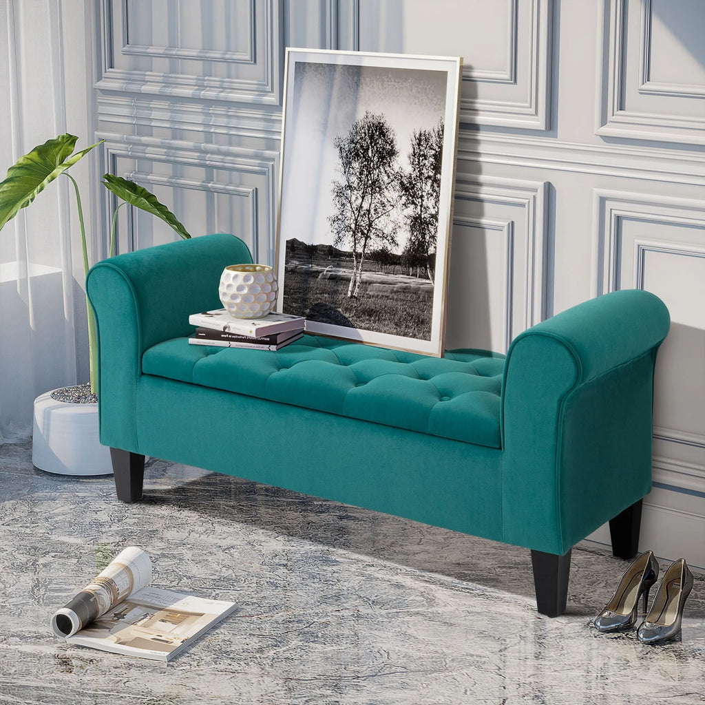 Button-Tufted Storage Ottoman Bench, Upholstered Bed Bench with Rolled Armrests for Bedroom, Living Room and Hallway