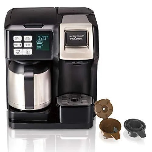 Programmable Thermal Coffee Maker, Single Serve and Full Pot, Compatible with Pods or Grounds, Black and Stainless