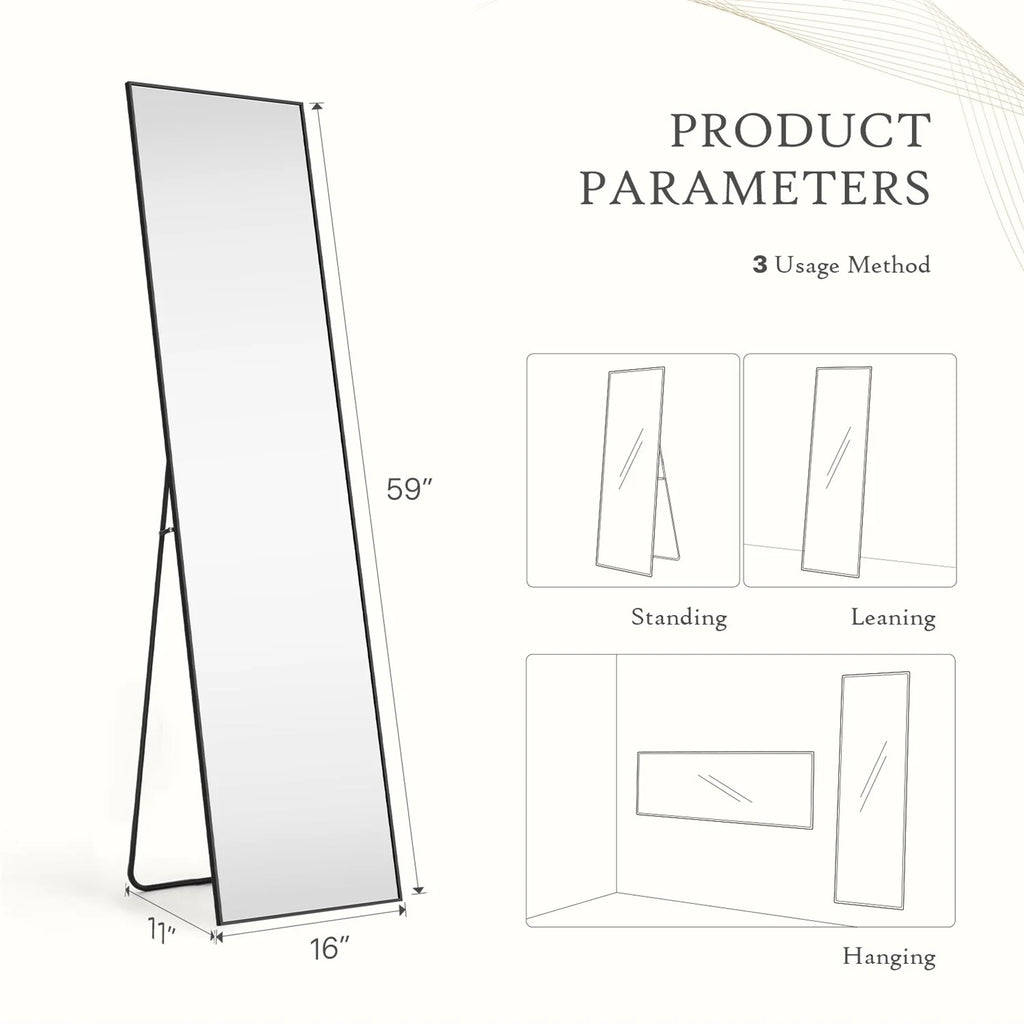 Full Length Mirror with Stand, Aluminum Alloy Frame Full Body Floor Mirror for Bedroom and Cloakroom