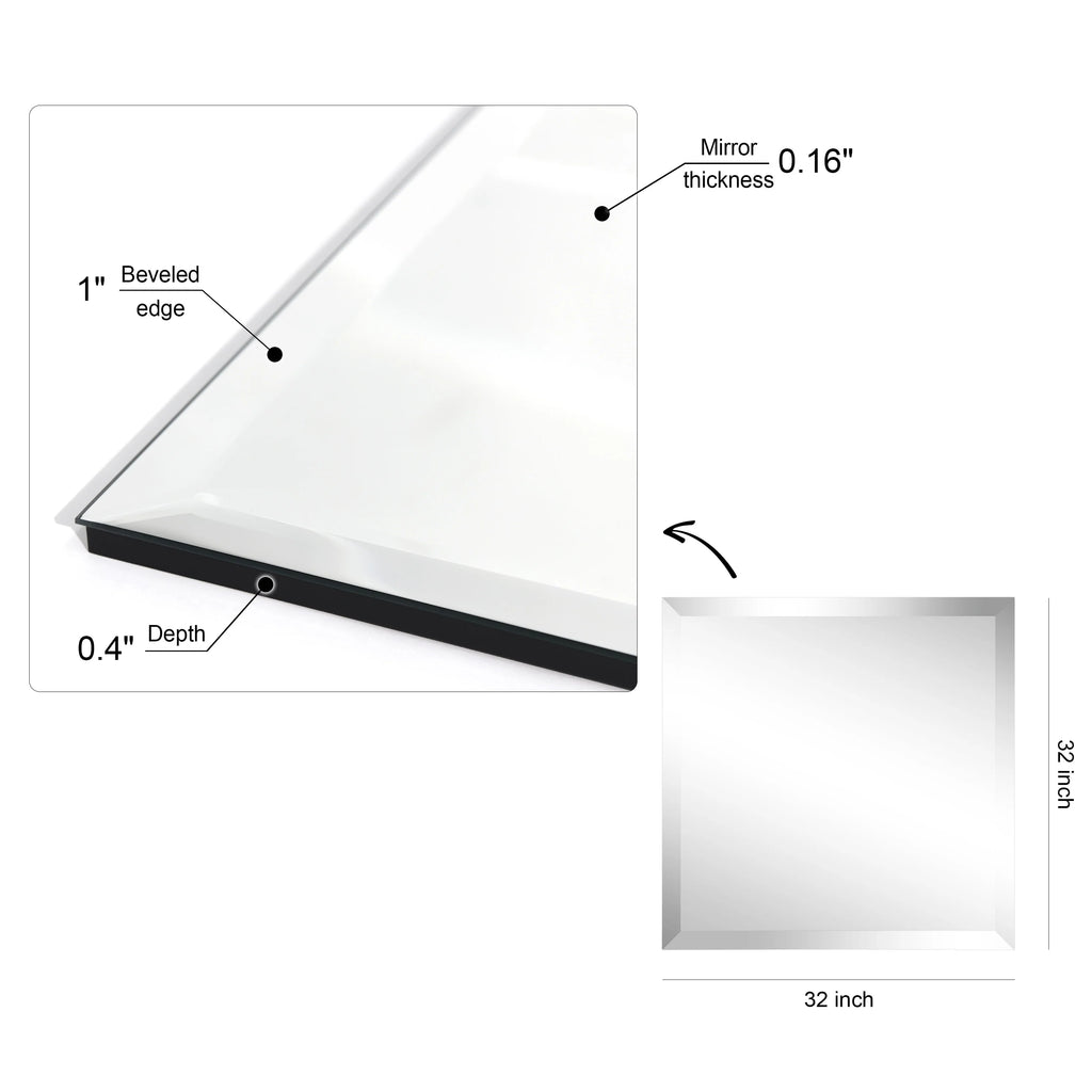Frameless Beveled Prism Wall Mirror, Clear Square or Rectangular Decorative Mirror for Bathroom, Bedroom and Home Decor