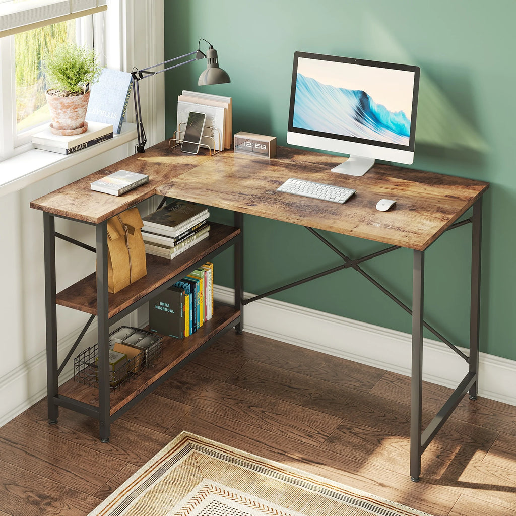 Small L Shaped Computer Desk with Storage Shelves, Compact Corner Workstation for Home Office and Study