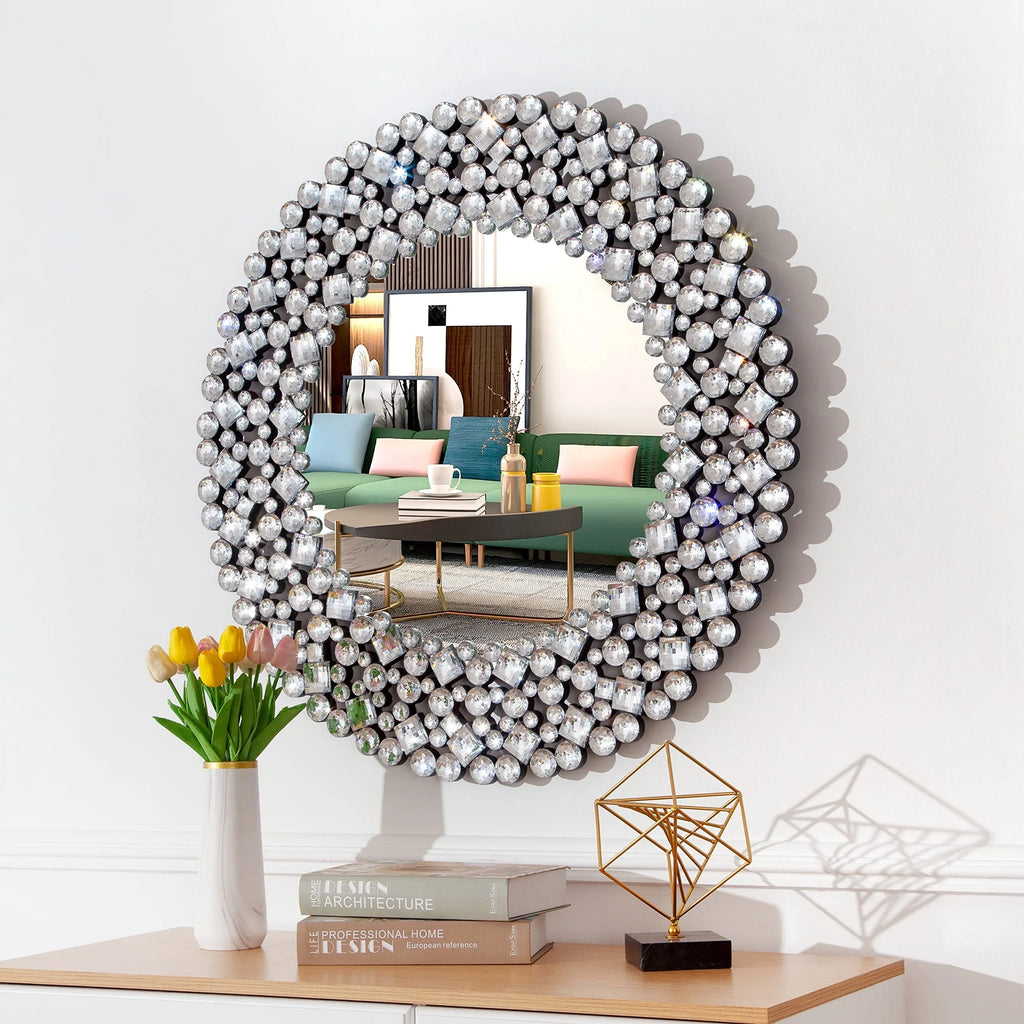 Modern Round Wall Mirror, Crystal Accent Decorative Mirror for Living Room, Bedroom and Entryway
