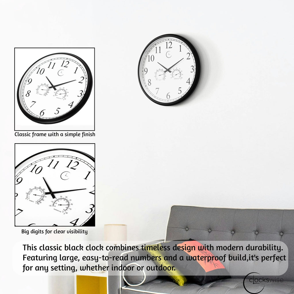Large Outdoor Wall Clock with Thermometer, Waterproof Silent Garden Weather Station, Black