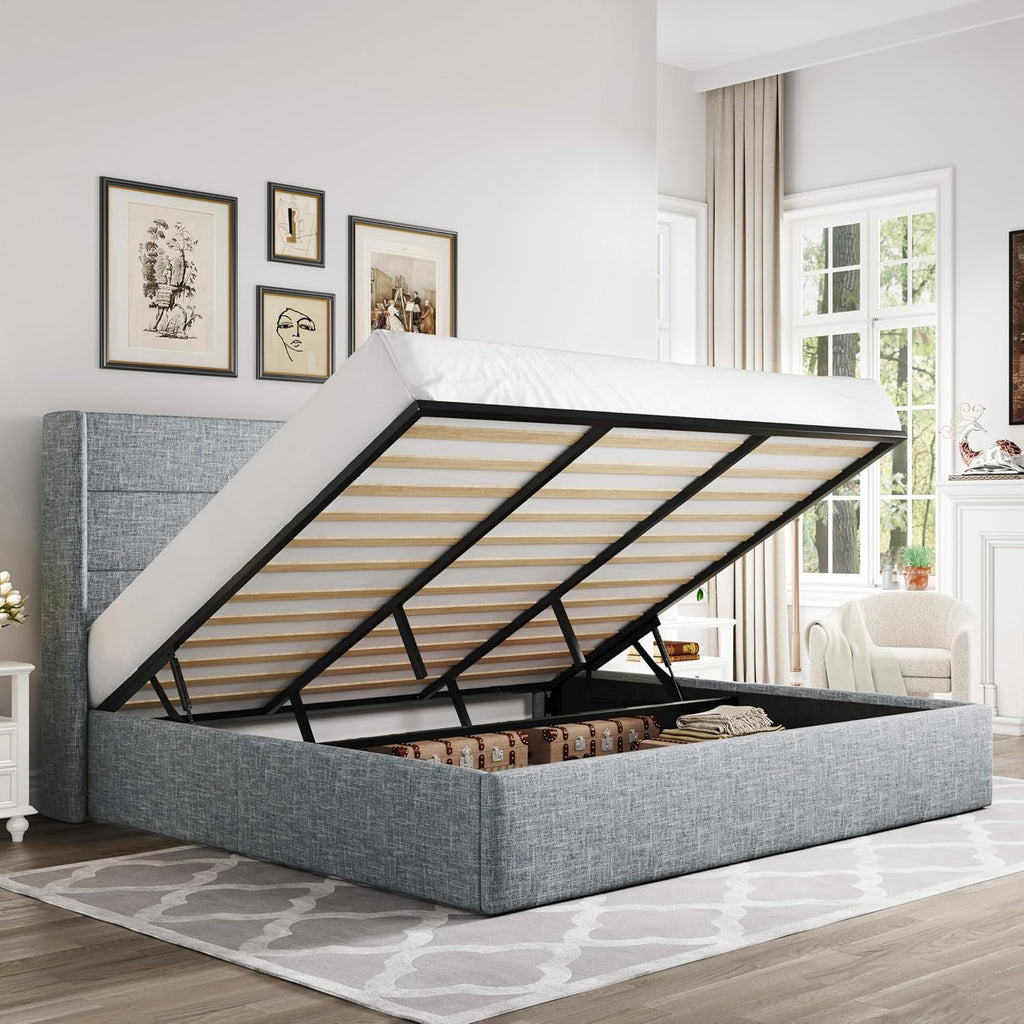 Queen Size Lift Up Storage Bed with Wingback Headboard, Upholstered Platform Bed Frame with Hidden Storage
