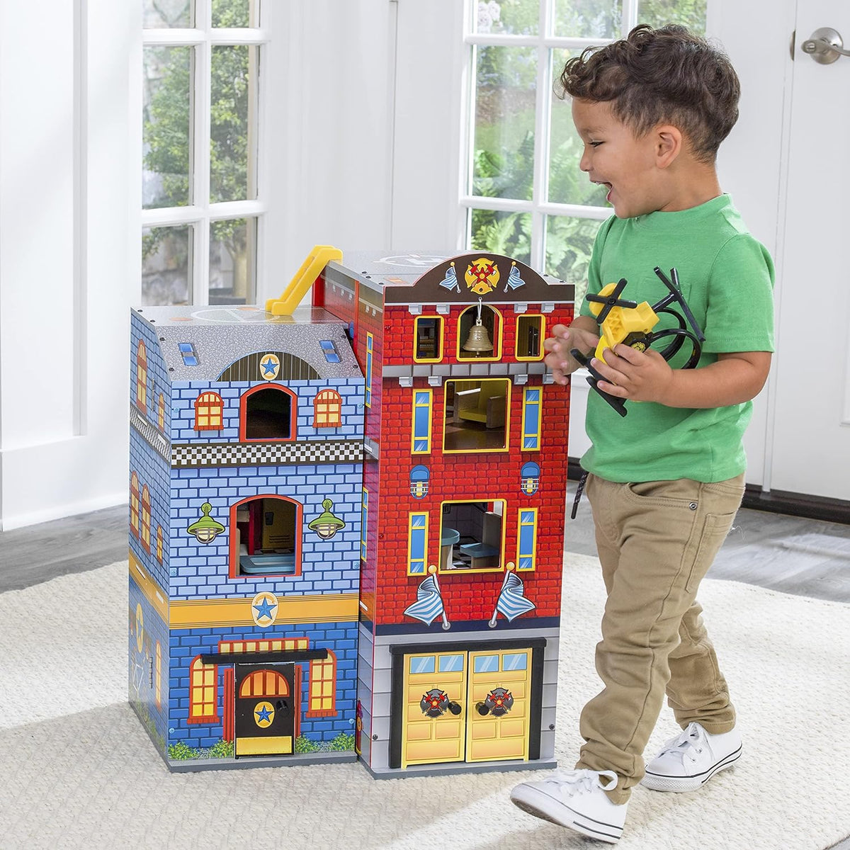 Wooden Kids Play Set, 3-Level Playset with 26 Accessories, Foldable Design for Easy Storage, Indoor Activity Toy
