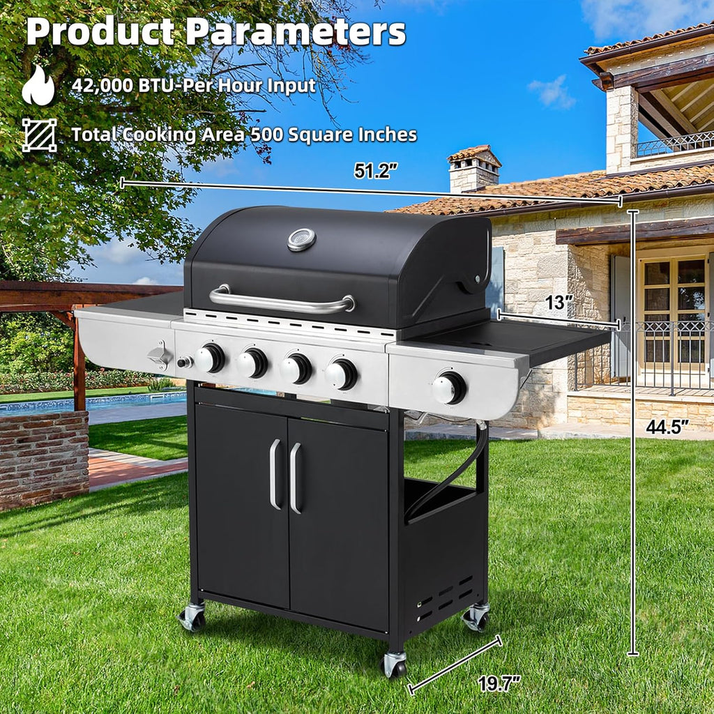 4-Burner Propane Gas Grill with Cast Iron Grates, Side Stove and 44,000 BTU Stainless Steel Burners