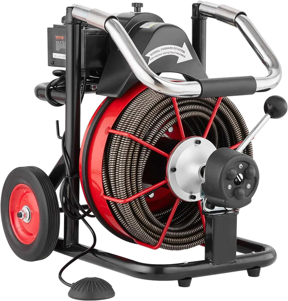 550W Drain Cleaning Machine, 100-Ft. x 1/2-Inch Sewer Snake Auger with 8 Cutters, Wheels and Foot Switch, for 2-4-Inch Pipes