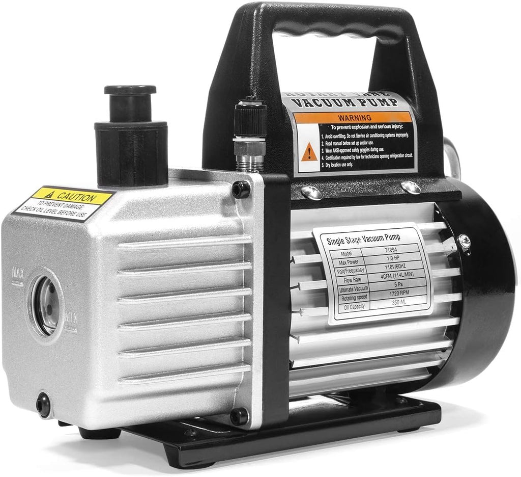 4 CFM HVAC A/C Refrigeration Vacuum Pump and Manifold Gauge Kit with R134a Tap, Leak Detector and Carrying Bag