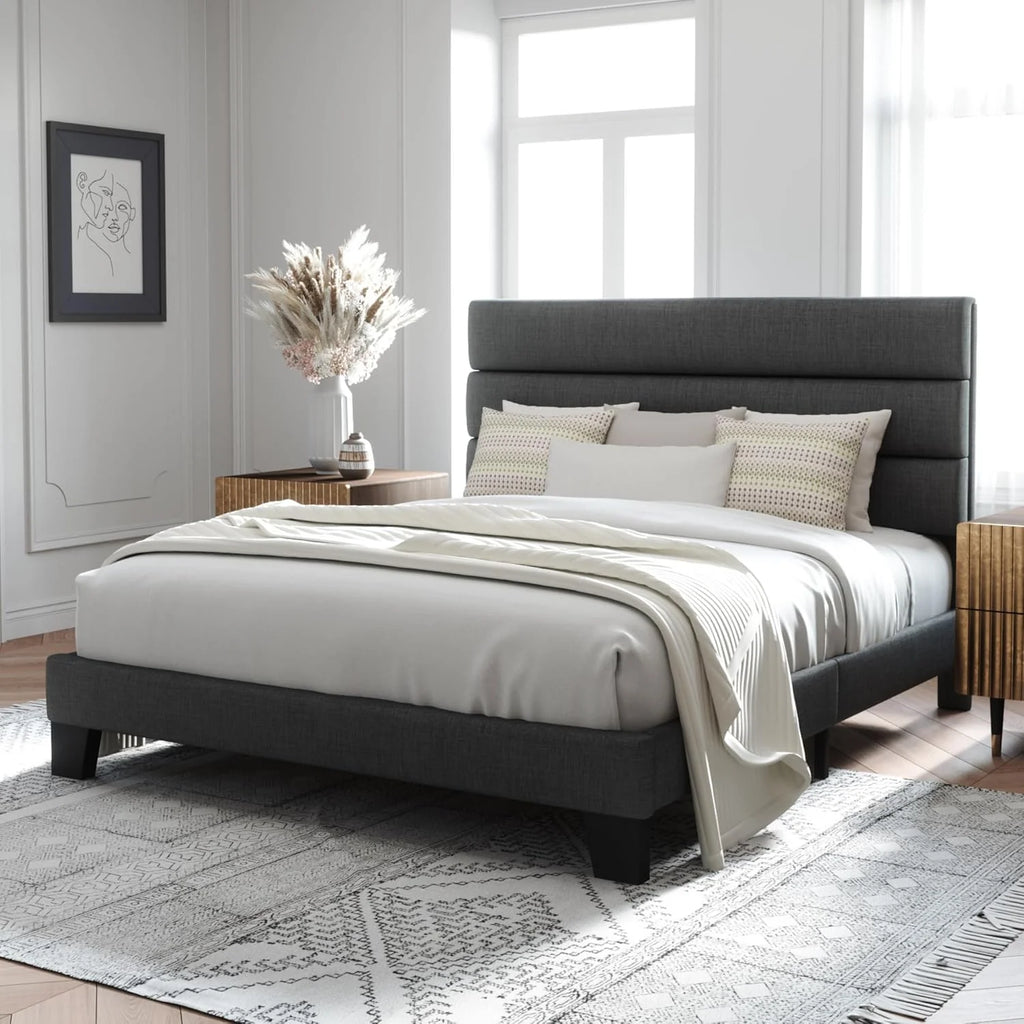 Queen Size Upholstered Platform Bed Frame, Dark Gray Fabric Bed with Headboard for Bedroom