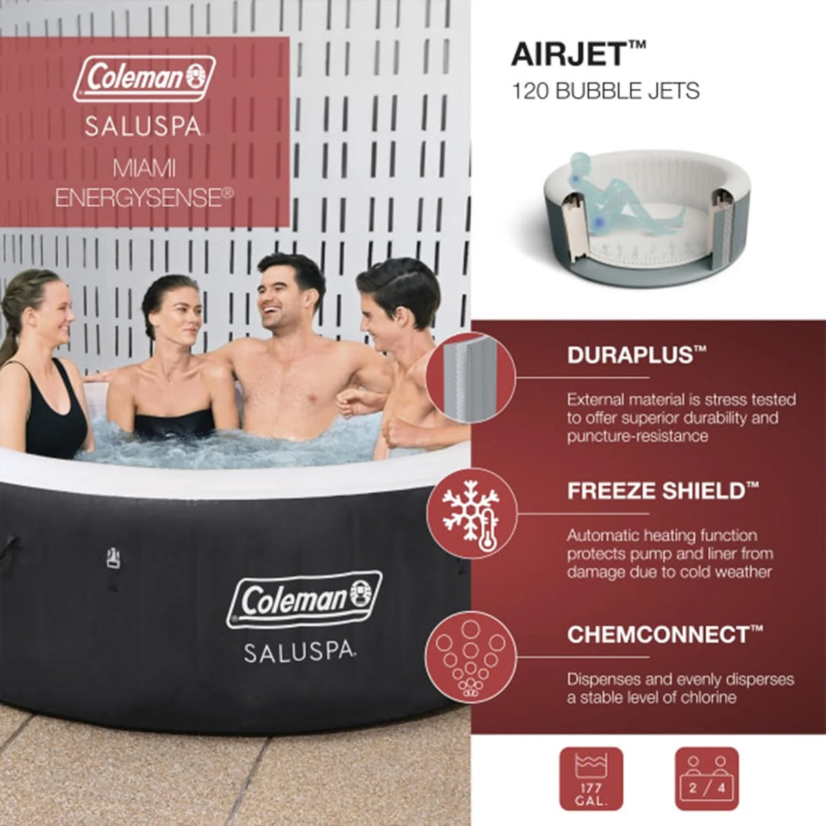 2-4 Person Inflatable Hot Tub, Portable Round Outdoor Spa with 120 Soothing Air Jets and Insulated Cover, Black
