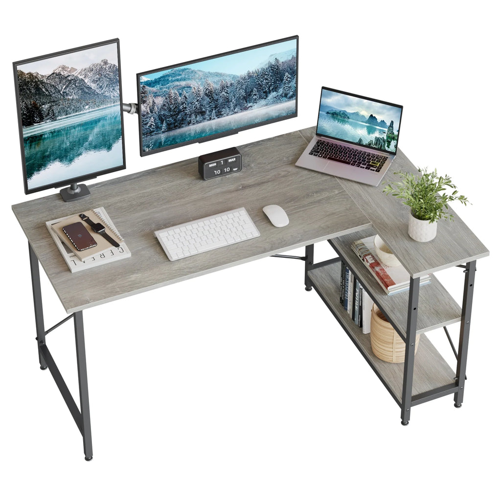 Small L Shaped Computer Desk with Storage Shelves, Compact Corner Workstation for Home Office and Study