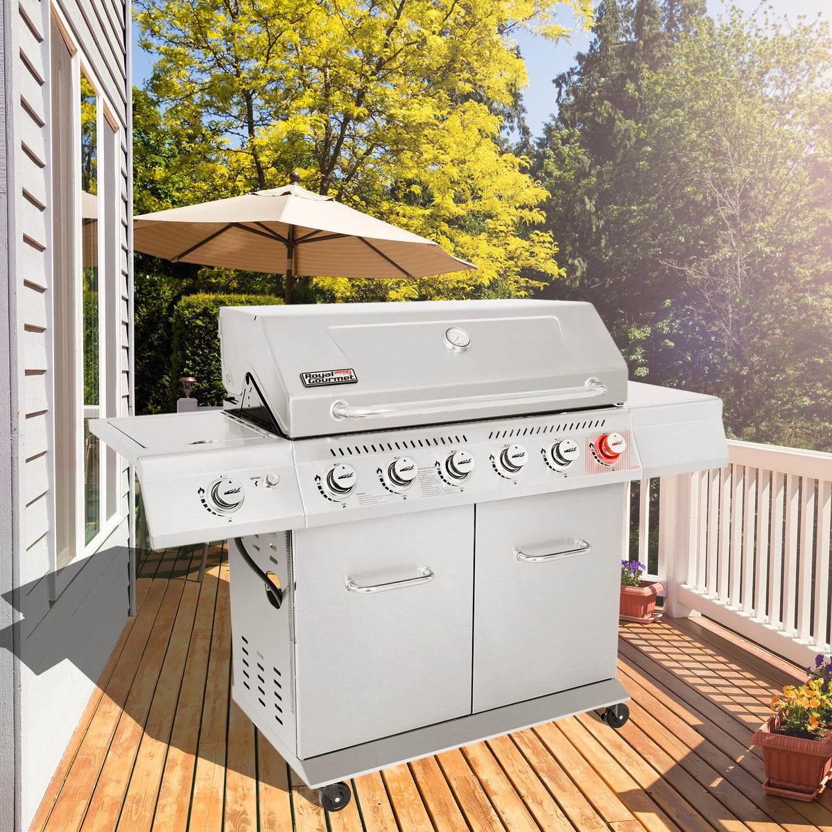 Stainless Steel 6-Burner Gas Grill – 74,000 BTU with Sear & Side Burner, Cabinet Style