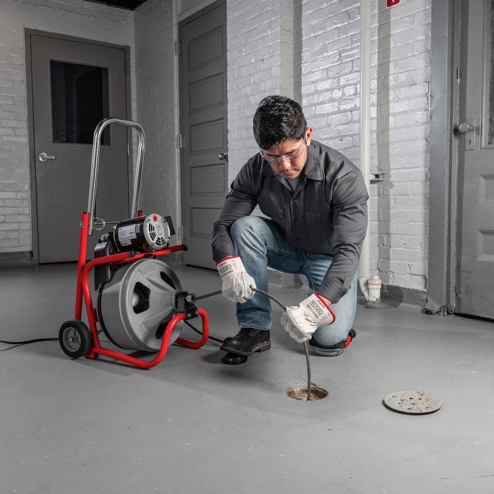 120V Drum Drain Cleaning Snake Auger with 3/8-In. x 75-Ft. Cable, 4-Piece Tool Set and Gloves