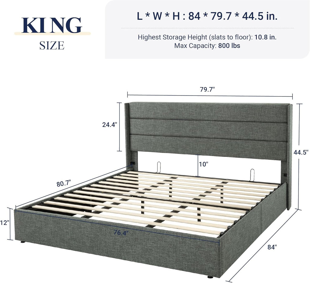 Queen Size Lift Up Storage Bed with Wingback Headboard, Upholstered Platform Bed Frame with Hidden Storage