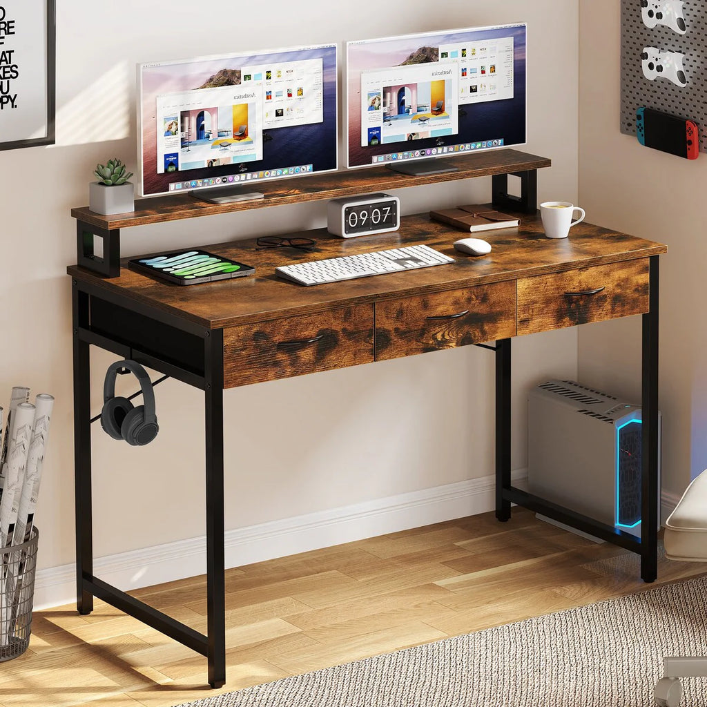 Small Computer Desk with Fabric Drawers and Monitor Stand, Compact Home Office Workstation for Small Spaces