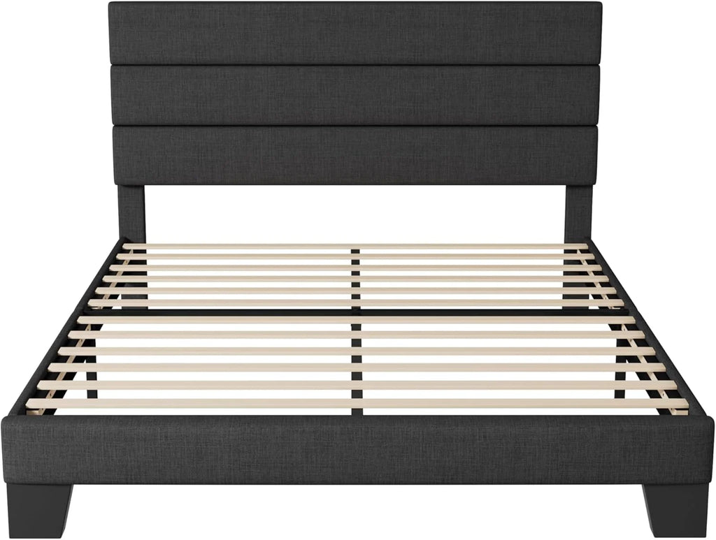 Queen Size Upholstered Platform Bed Frame, Dark Gray Fabric Bed with Headboard for Bedroom