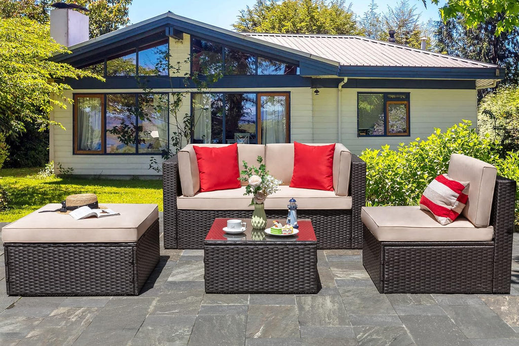 5-Piece All-Weather Patio Furniture Set with Ottoman, Outdoor Wicker Conversation Sofa Set with Cushions for Garden, Deck & Backyard