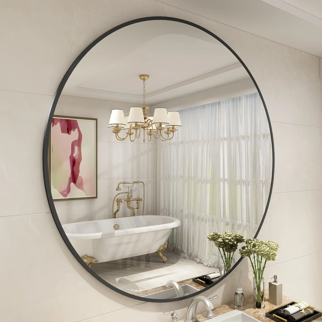 Round Metal Black Frame Bathroom Vanity Mirror, Wall Mounted Decorative Mirror