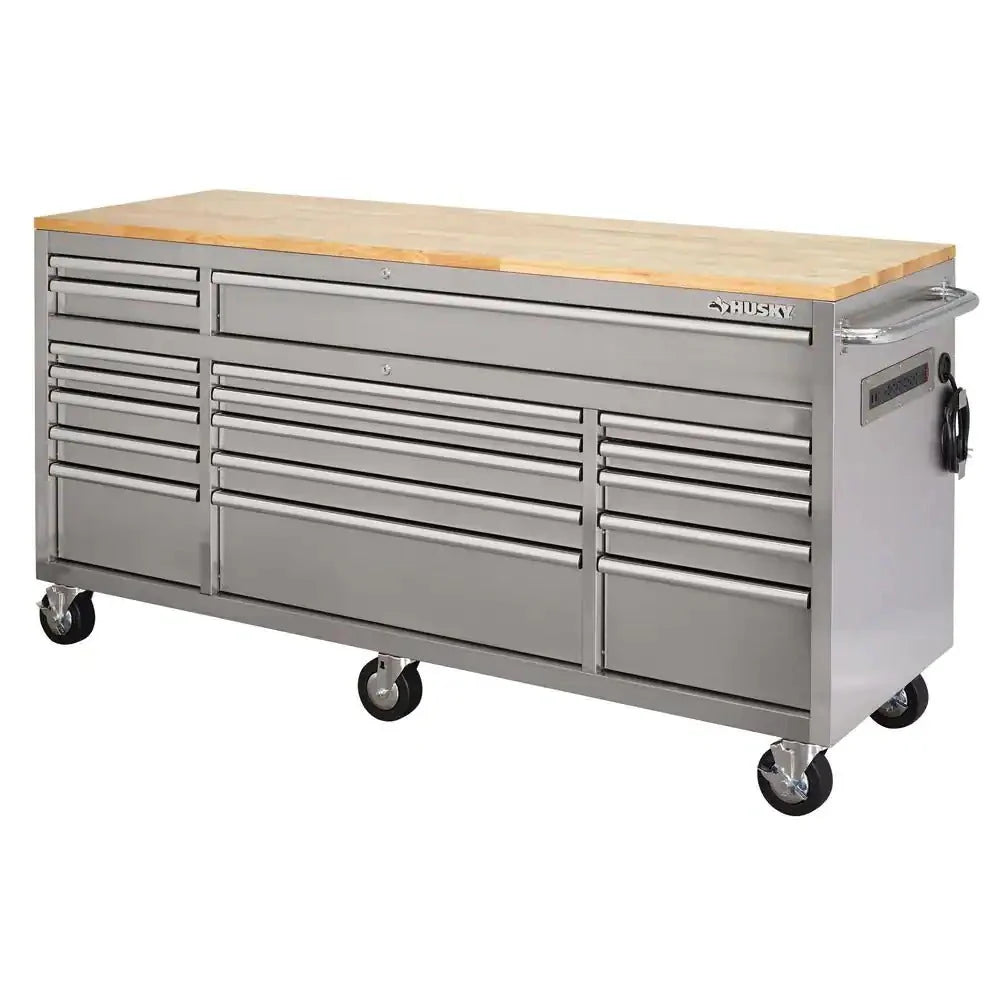 72 in 18-Drawer 24 in. D Mobile Workbench with Solid Wood Top Stainless Steel