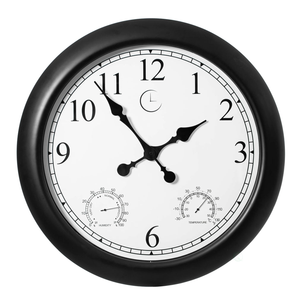 Large Outdoor Wall Clock with Thermometer, Waterproof Silent Garden Weather Station, Black