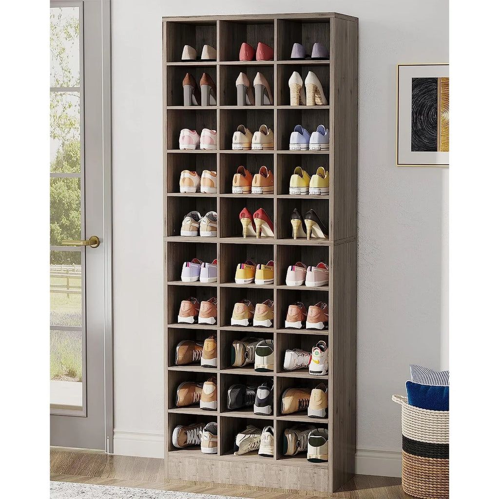 10-Tier Tall Shoe Cabinet, 30-Pair White Wood Shoe Storage Rack for Entryway and Closet