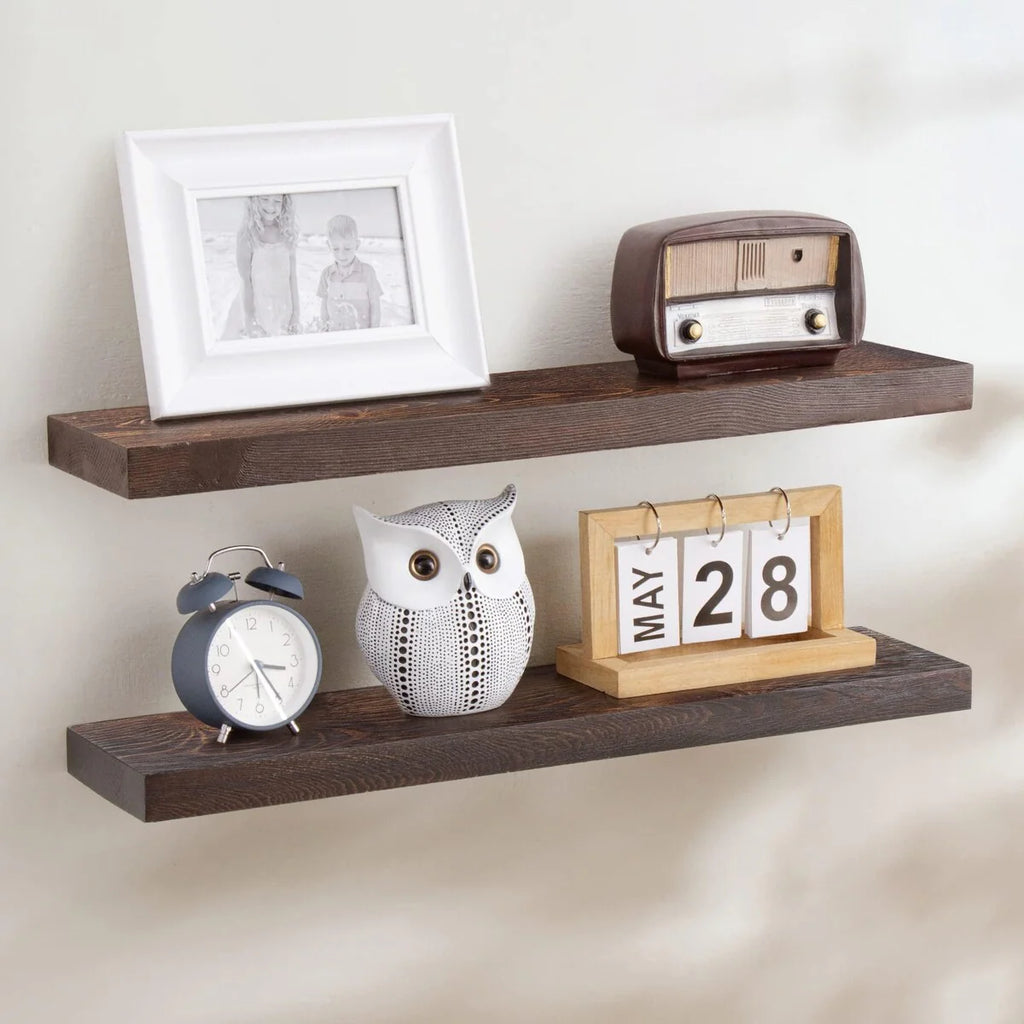 Set of 2 Handcrafted European Pine Floating Wall Shelves, Natural Rustic Wood