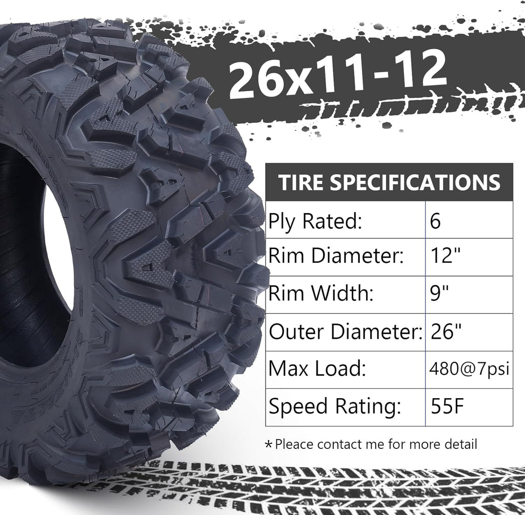 Set of 2 26x12-12 6PR All-Terrain ATV/UTV Off-Road Tires, Black