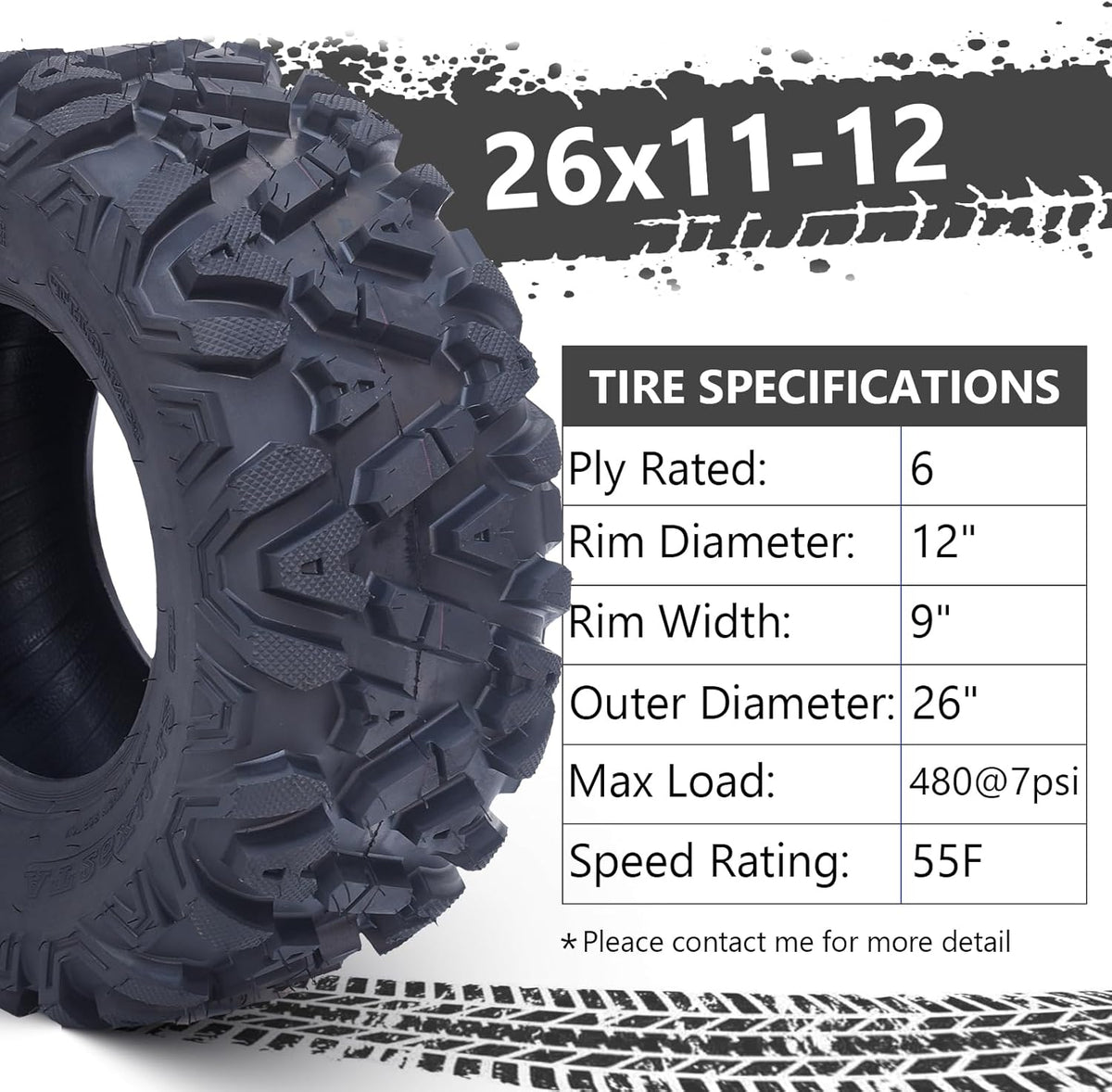 Set of 2 26x12-12 6PR All-Terrain ATV/UTV Off-Road Tires, Black