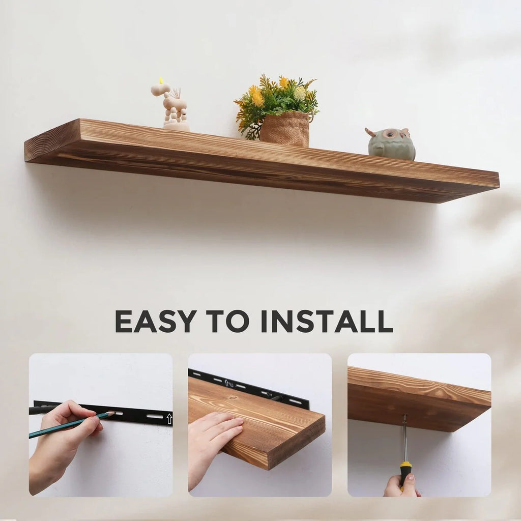 Set of 2 Handcrafted European Pine Floating Wall Shelves, Natural Rustic Wood