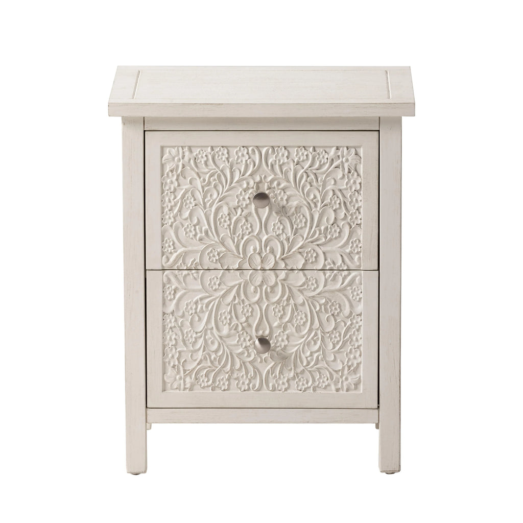 Farmhouse Fully Assembled Nightstand with 2 Drawers, Flower Motif End Table for Small Spaces