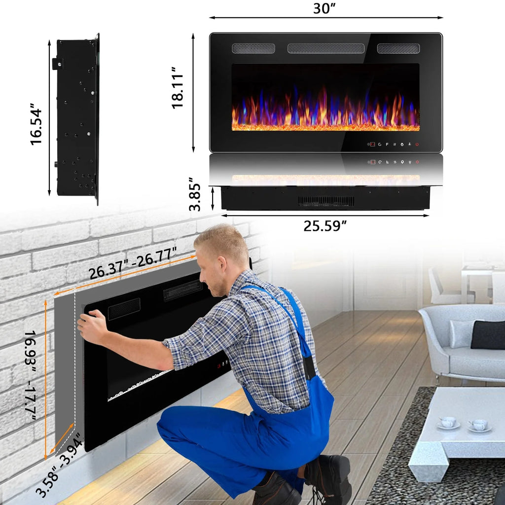 30-72 Inch Ultra-Thin Electric Fireplace, Linear Recessed Wall Mounted Fireplace with Remote Control