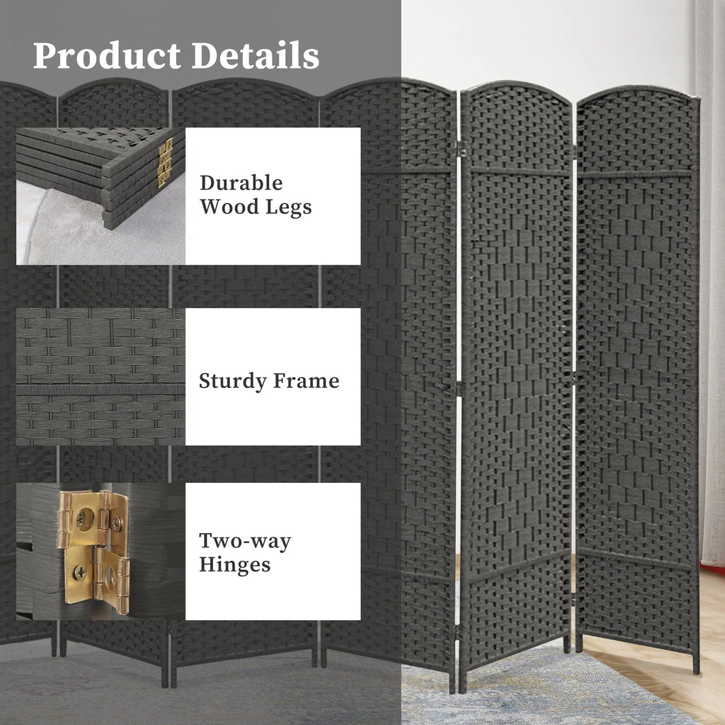 6 FT Tall Woven Fiber Room Divider, Freestanding Folding Privacy Screen