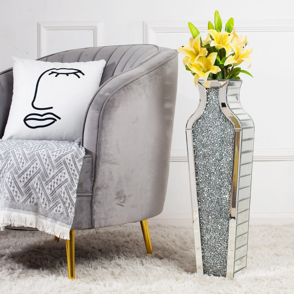 Tall Crushed Diamond Floor Vase, Luxury Decorative Crystal Accent Vase for Living Room, Bedroom and Home Decor