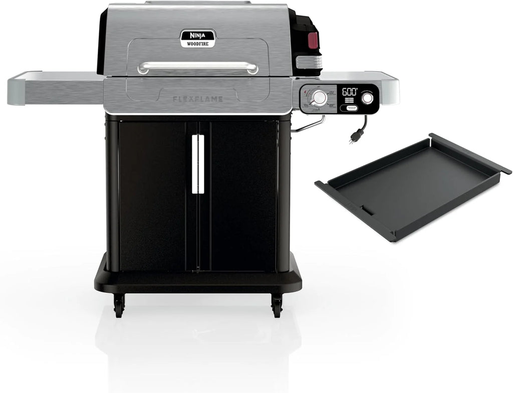 5-in-1 Electric and Propane Grill, 3-Burner Outdoor BBQ Grill and Smoker with Digital Controls, Griddle and Pizza Maker, Stainless Steel
