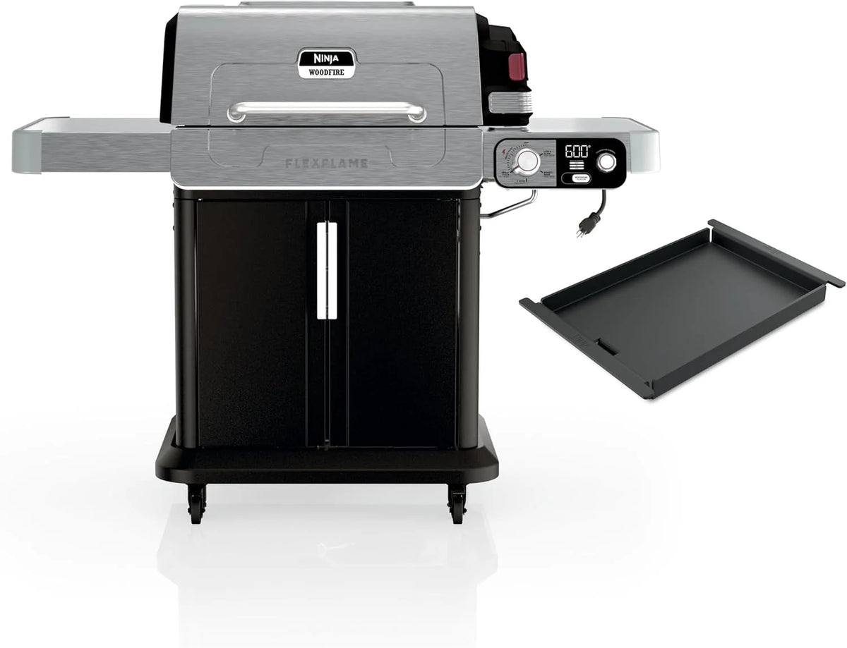 5-in-1 Electric and Propane Grill, 3-Burner Outdoor BBQ Grill and Smoker with Digital Controls, Griddle and Pizza Maker, Stainless Steel