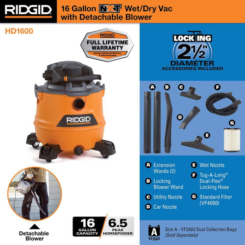 16-Gallon 6.5 Peak HP Wet/Dry Shop Vacuum with Detachable Blower, Filter Lock, Locking Hose and Accessories