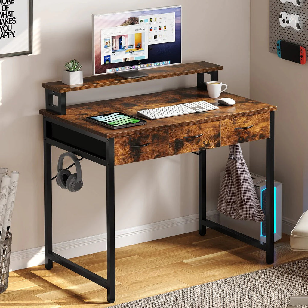 Small Computer Desk with Fabric Drawers and Monitor Stand, Compact Home Office Workstation for Small Spaces