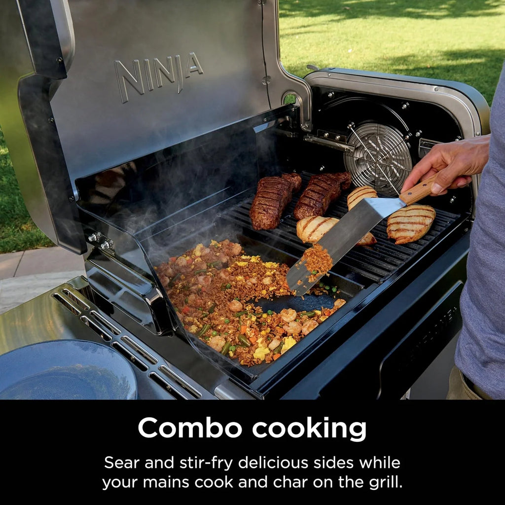 5-in-1 Electric and Propane Grill, 3-Burner Outdoor BBQ Grill and Smoker with Digital Controls, Griddle and Pizza Maker, Stainless Steel