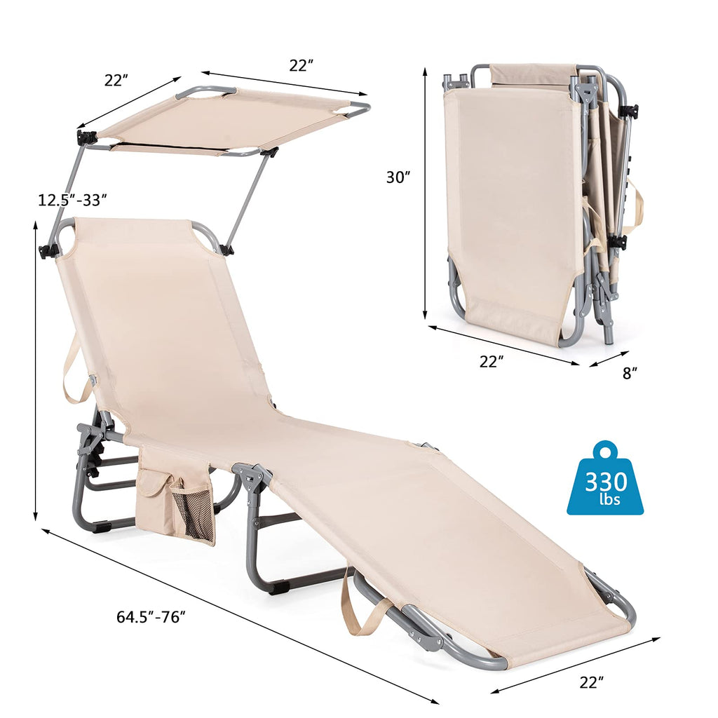Folding Lounge Chair with Canopy – Shade Chair with Storage Pocket