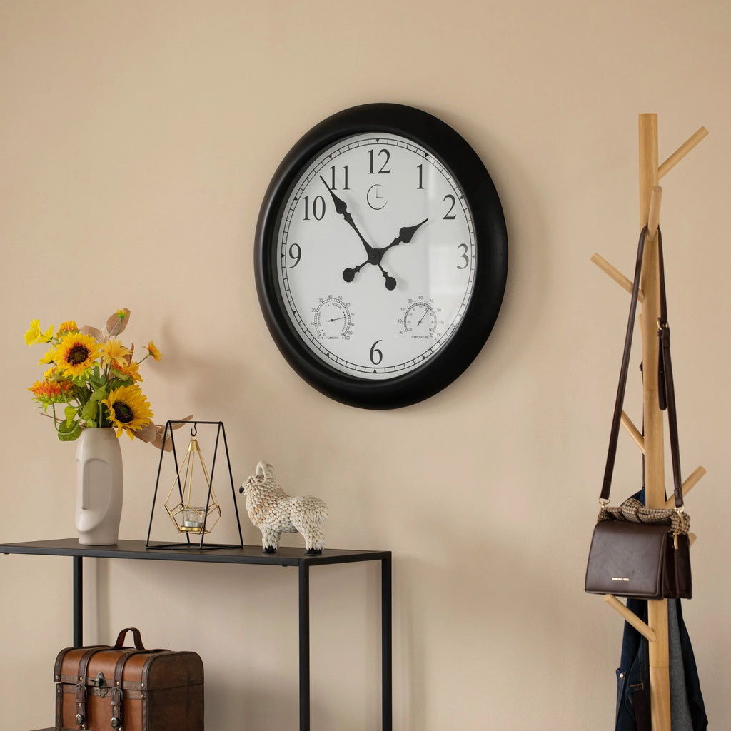 Large Outdoor Wall Clock with Thermometer, Waterproof Silent Garden Weather Station, Black