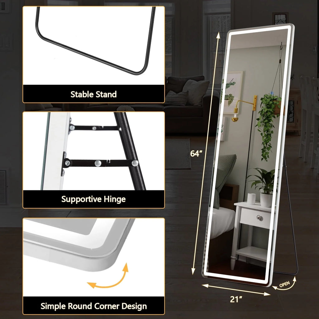 64 x 21 Inch Full Length LED Floor Mirror with Stand, Wall Mounted Full Body Mirror