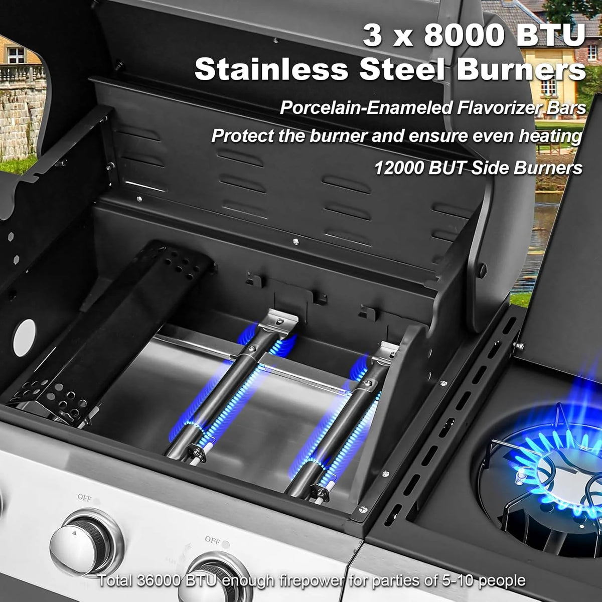 4-Burner Propane Gas Grill with Cast Iron Grates, Side Stove and 44,000 BTU Stainless Steel Burners