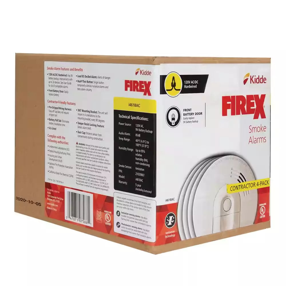 Hardwired Smoke Alarm with Ionization Sensor, 120V AC, 9V Battery Backup