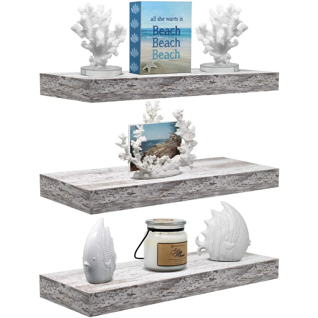 3-Pack Rustic Wood Floating Wall Shelves, Beach Style Hanging Display and Storage Shelves